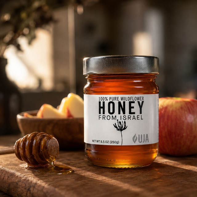 UJA 100% Pure Wildflower Honey from Israel in a glass jar on a wooden board with a honey dipper, apples, and a warm rustic kitchen background.